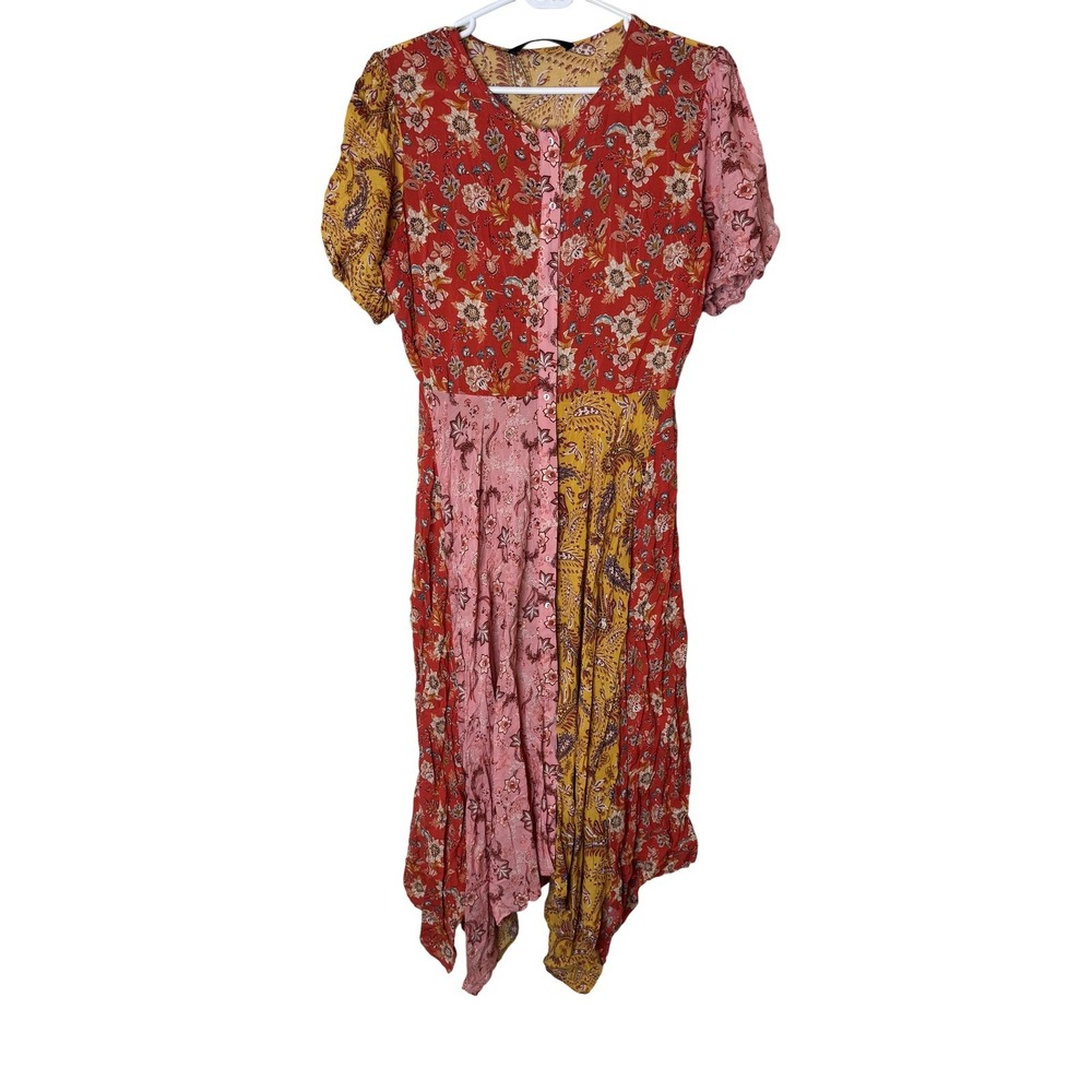 Zara Dress Womens Large Multicolor Floral Patchwork Maxi Bohoโ Short Sleeve